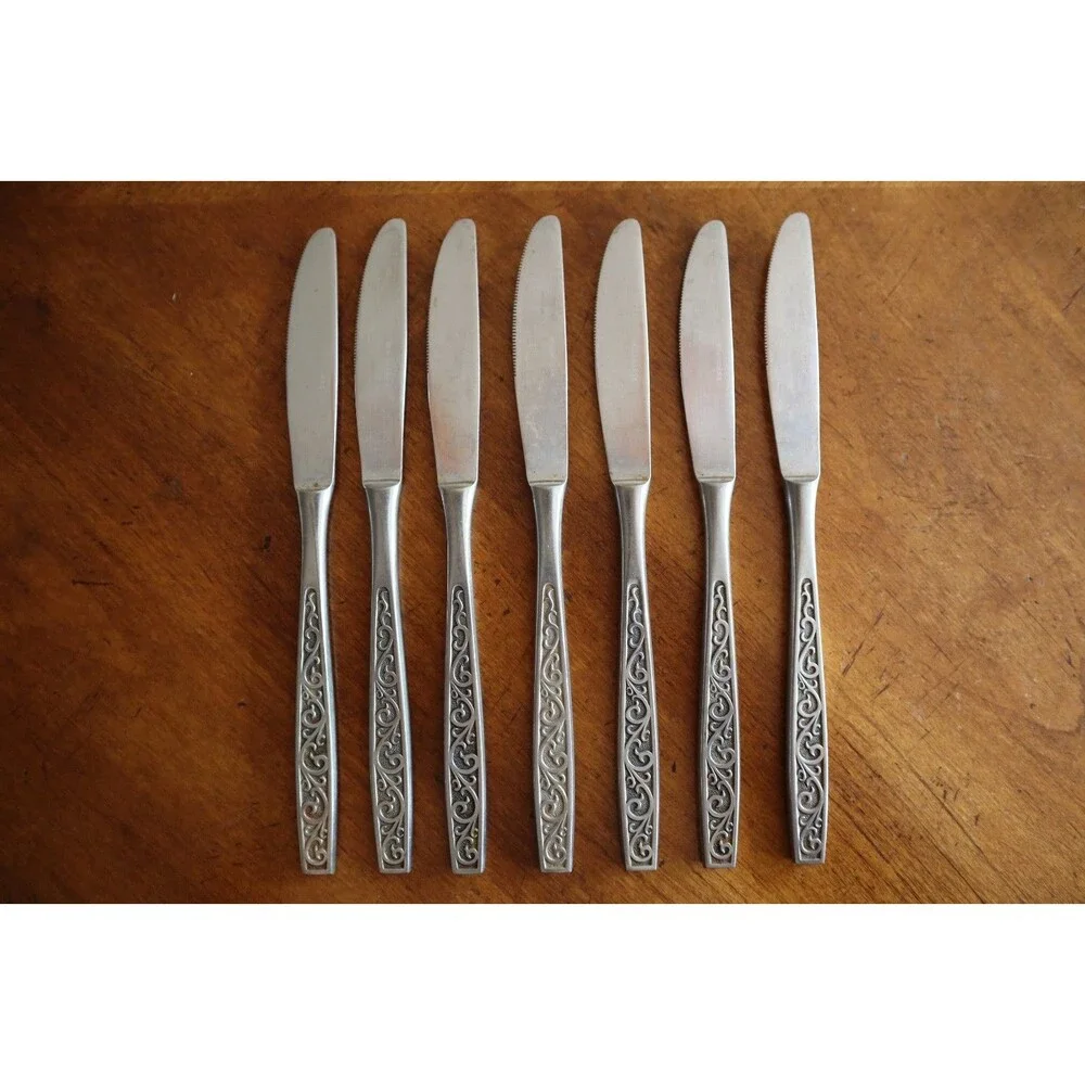 Lot 7x Imperial International IIC DAVOS Stainless Black Floral Dinner Knive 8.6